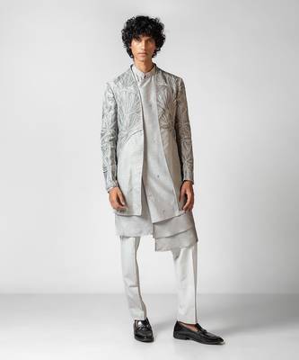 Sapphire grey embroidered silk achkan set 1
