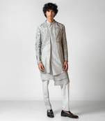 Sapphire grey embroidered silk achkan set