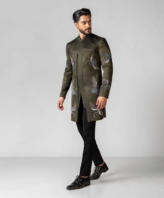Olive green embroidered silk achkan set 2