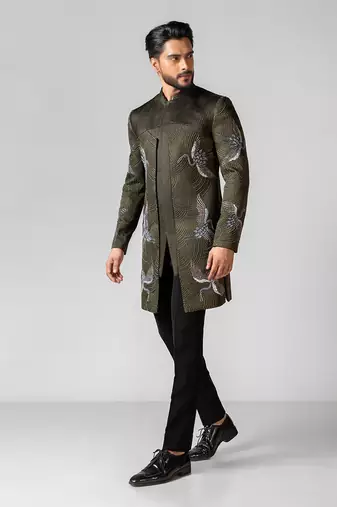 Olive green embroidered silk achkan set