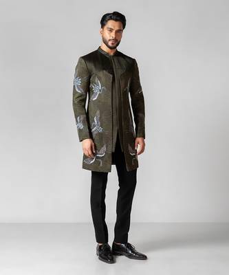 Olive green embroidered silk achkan set 3