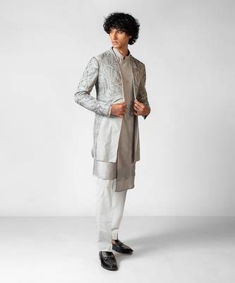 Sapphire grey embroidered silk achkan set 2