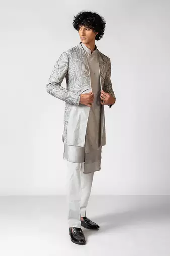 Sapphire grey embroidered silk achkan set