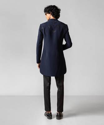 Navy blue embroidered lycra achkan set 4