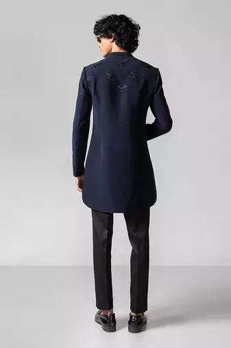Navy blue embroidered lycra achkan set
