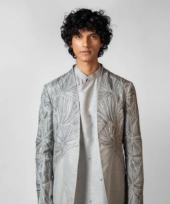 Sapphire grey embroidered silk achkan set 3