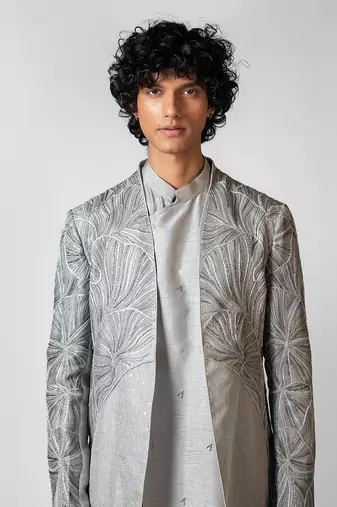 Sapphire grey embroidered silk achkan set