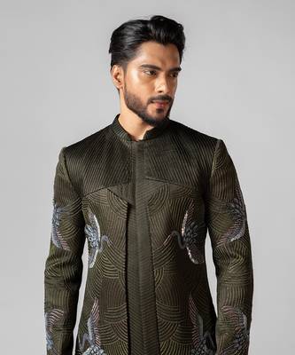Olive green embroidered silk achkan set 4