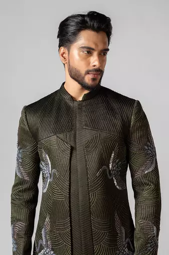 Olive green embroidered silk achkan set