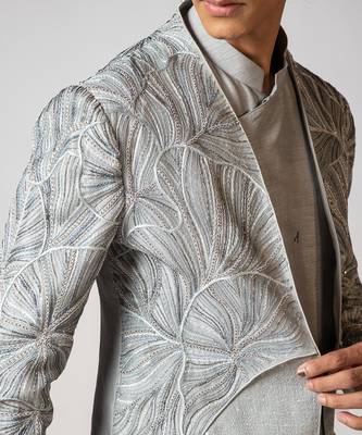 Sapphire grey embroidered silk achkan set 4