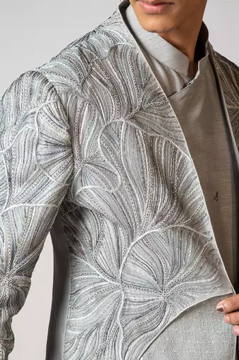 Sapphire grey embroidered silk achkan set