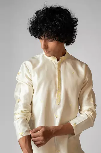 Ivory embroidered satin kurta set