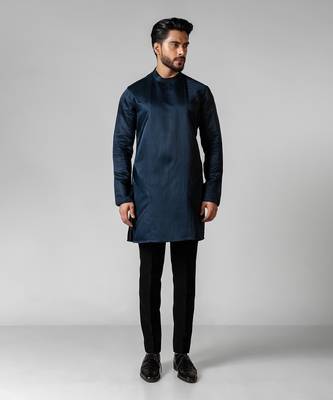 Navy blue embroidered satin kurta set 1