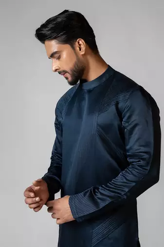 Navy blue embroidered satin kurta set