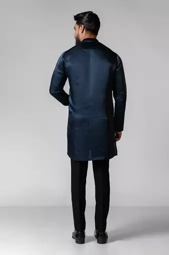 Navy blue embroidered satin kurta set