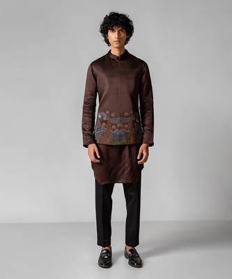 Coco brown embroidered satin kurta jacket set 1