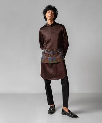 Coco brown embroidered satin kurta jacket set 2