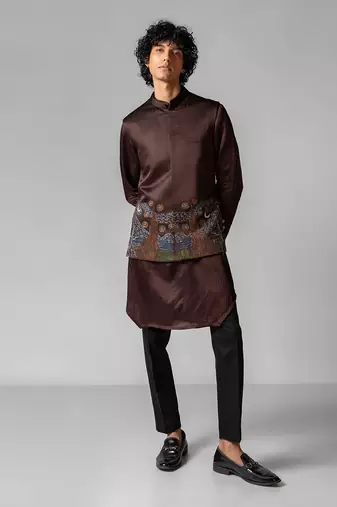 Coco brown embroidered satin kurta jacket set