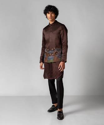 Coco brown embroidered satin kurta jacket set 3