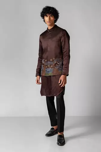 Coco brown embroidered satin kurta jacket set