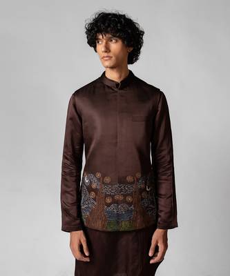 Coco brown embroidered satin kurta jacket set 4