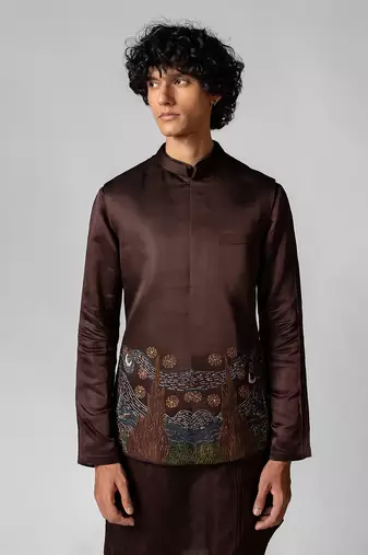 Coco brown embroidered satin kurta jacket set