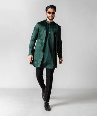 Verdant green embroidered satin kurta jacket set 1