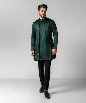 Verdant green embroidered satin kurta jacket set 2