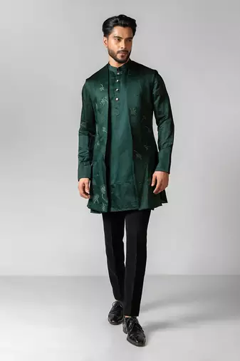 Verdant green embroidered satin kurta jacket set