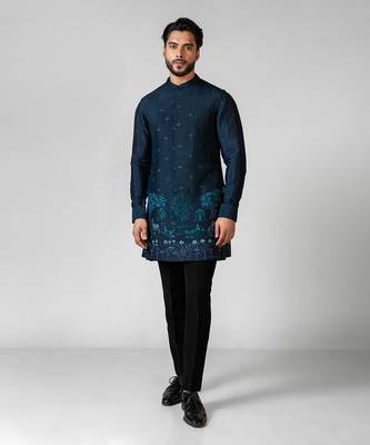 Teal blue embroidered satin kurta jacket set 1
