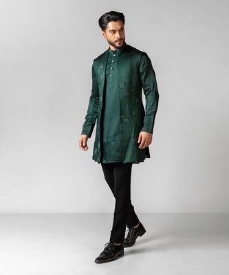 Verdant green embroidered satin kurta jacket set 3