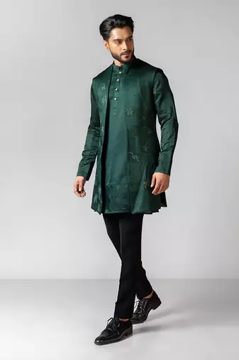 Verdant green embroidered satin kurta jacket set