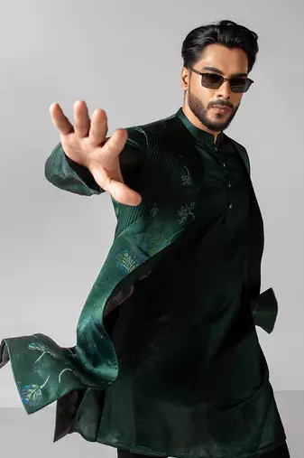 Verdant green embroidered satin kurta jacket set