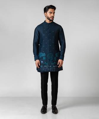 Teal blue embroidered satin kurta jacket set 2