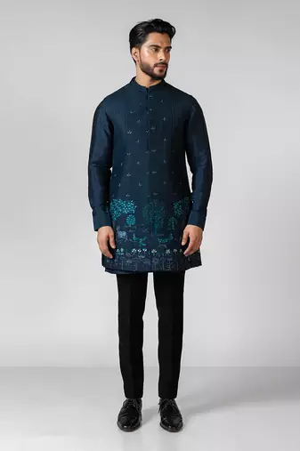 Teal blue embroidered satin kurta jacket set