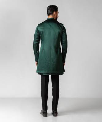 Verdant green embroidered satin kurta jacket set 5