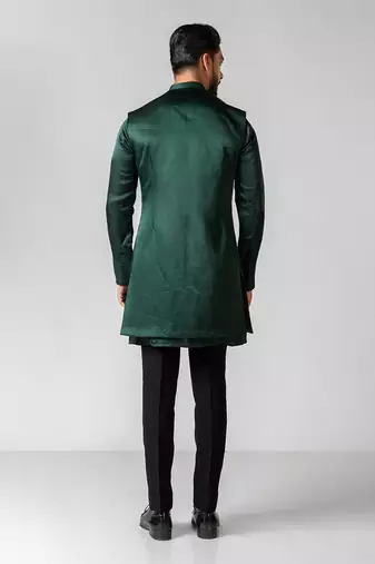 Verdant green embroidered satin kurta jacket set