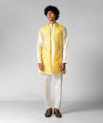 Paris daisy yellow embroidered satin kurta jacket set 1