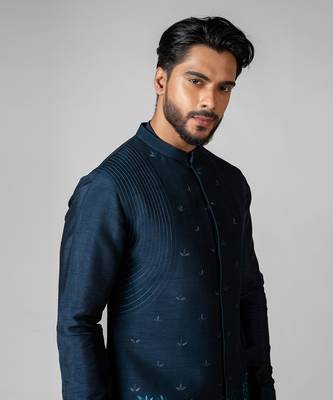 Teal blue embroidered satin kurta jacket set 3