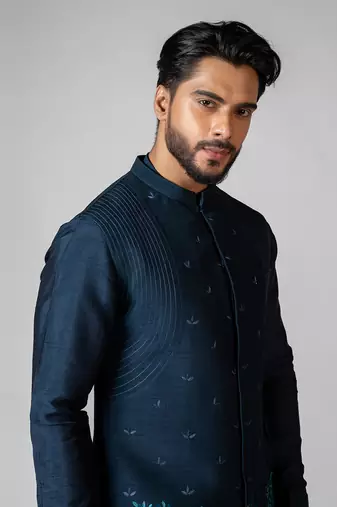 Teal blue embroidered satin kurta jacket set