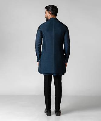 Teal blue embroidered satin kurta jacket set 4