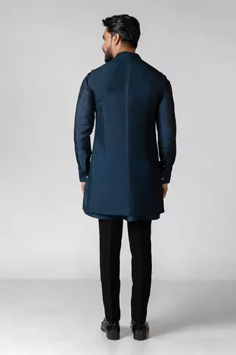 Teal blue embroidered satin kurta jacket set