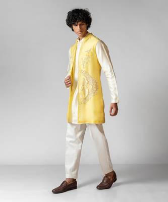 Paris daisy yellow embroidered satin kurta jacket set 2