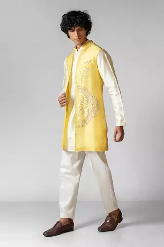 Paris daisy yellow embroidered satin kurta jacket set