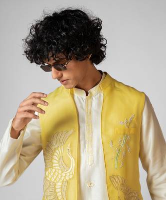 Paris daisy yellow embroidered satin kurta jacket set 3