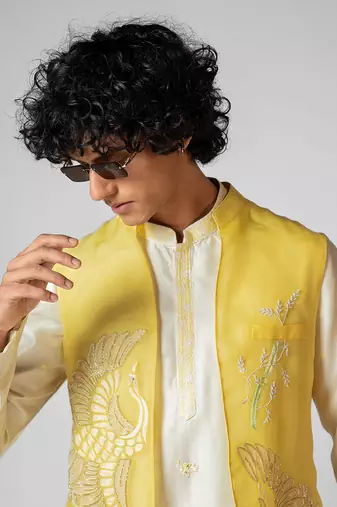 Paris daisy yellow embroidered satin kurta jacket set