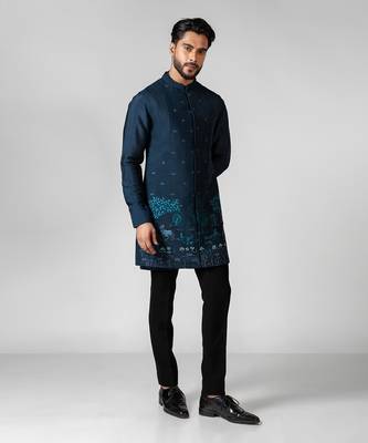 Teal blue embroidered satin kurta jacket set 5
