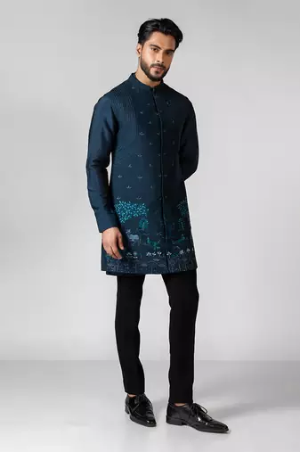 Teal blue embroidered satin kurta jacket set