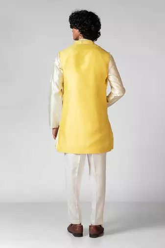 Paris daisy yellow embroidered satin kurta jacket set