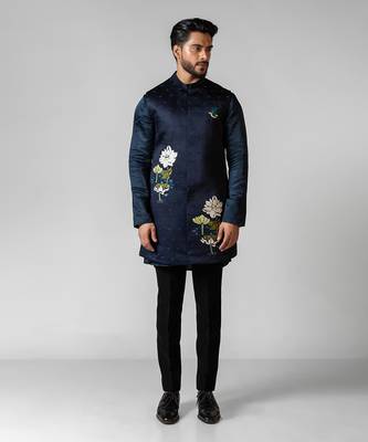 Navy peony embroidered satin kurta jacket set 1